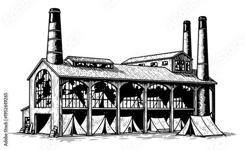 Vintage hand drawn engraving of a large industrial factory building with smoke stacks and temporary tents