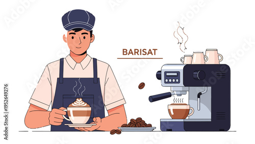 Artisan Coffee Craftsmanship: A skilled barista, exuding expertise and passion, presents an expertly crafted coffee. Beside a high-tech espresso machine.