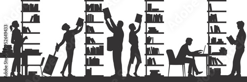 Silhouettes of people working and browsing in a library with bookshelves black