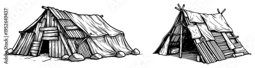 Vintage hand drawn engraving of primitive wooden shelters and makeshift tents in a camp