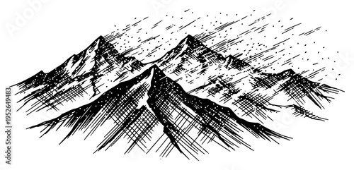 Vintage hand drawn engraving of majestic mountain peaks under a heavy snowfall or blizzard