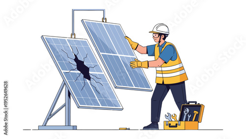 Solar Panel Repair: A skilled technician, equipped with necessary tools, diligently repairs a damaged solar panel, representing the promise of sustainable energy and environmental consciousness.