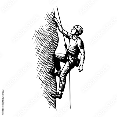 Vintage hand drawn engraving of a rock climber man scaling a steep cliff wall