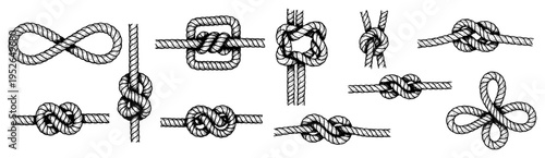 Vintage hand drawn engraving collection of various rope knots and marine ties
