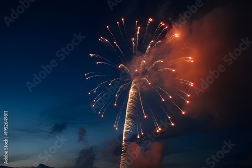 Vibrant orange and red fireworks exploding against a dark blue night sky, creating a festive and celebratory atmosphere for events and holidays.