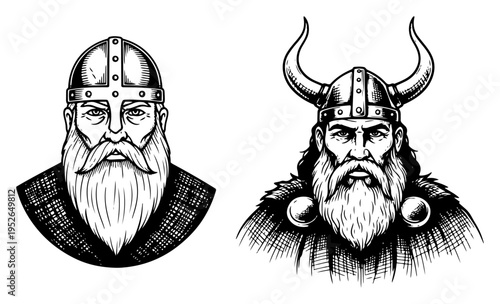 Portrait of bearded viking warriors wearing helmets in vintage engraving style