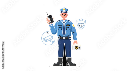 On Duty: A security guard stands at attention, embodying vigilance and protection, while he holds a radio, badge and shield in the image.
