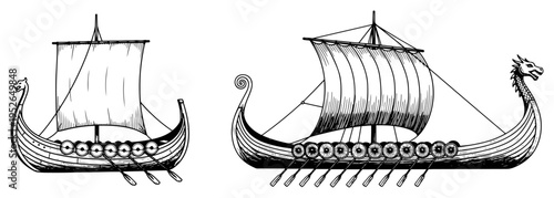 Traditional viking longships with sails and shields in vintage woodcut style