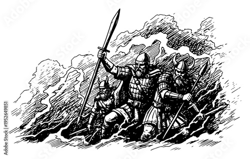 Vintage hand drawn engraving of viking warriors charging into battle with swords and axes