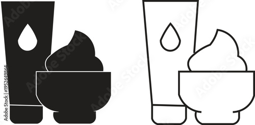 Black and white icons depicting a cosmetic cream tube with a drop and a bowl of whipped product.