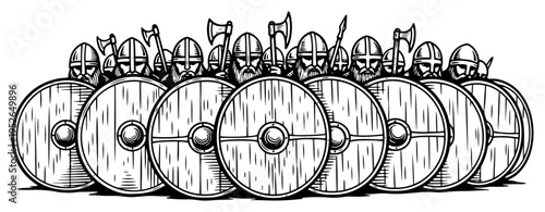 Vintage engraving of a viking army standing in a defensive shield wall formation