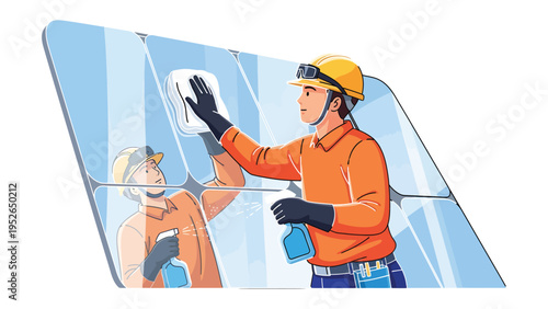 Solar Panel Maintenance: A worker in uniform meticulously cleans a solar panel. He ensuring optimal performance and sustainable energy.