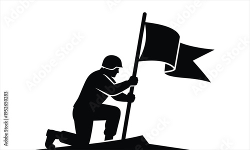 A black silhouette of a man kneeling while planting a flag in the ground