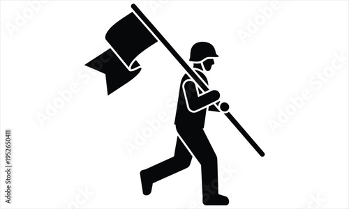 Black silhouette of a protester running with a flag