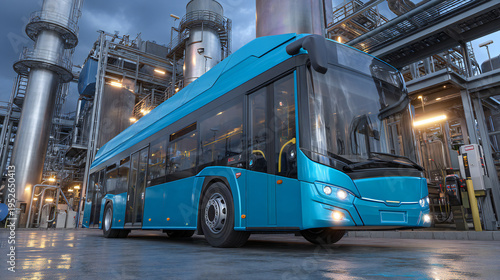 Modern hydrogen-powered bus in industrial environment, representing eco-friendly public transport, sustainable mobility, and clean energy innovation.