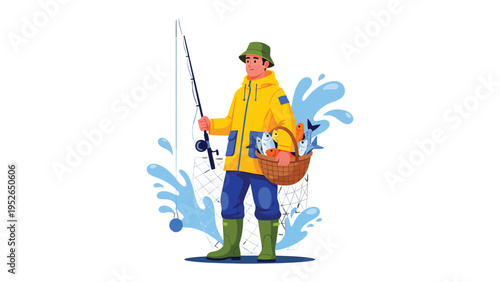 Fishing Adventure: An illustration of a fisherman, poised and ready, embodying the spirit of angling and the thrill of the catch. 