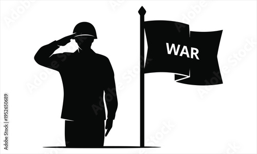 A black silhouette of a soldier saluting next to a flag with the word war on it