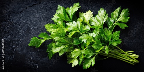 Fresh green parsley. Against a black stone background. Top view.