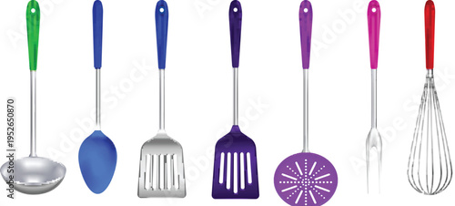 Colorful kitchen utensils set with ladle spatula whisk and fork vector