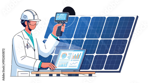 Solar Panel Inspection: A dedicated technician meticulously examines a solar panel array using advanced tools and technology.