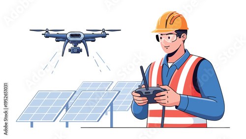 Drone Inspector: An engineer, carefully monitors and controls a drone, overseeing the photovoltaic panels for solar inspection. Capturing efficiency and safety in the realm of sustainable energy.