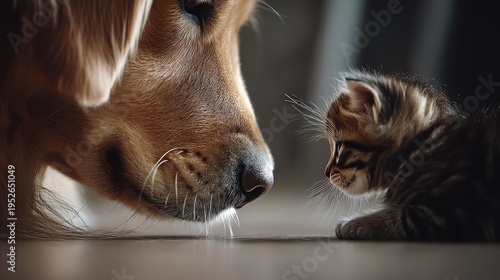 Dog and kitten face each other indoors closeup showing friendship