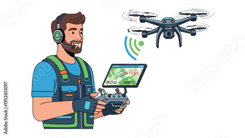 Drone Operator at Work: An individual expertly operates a drone, monitoring its progress via a tablet and remote control. This scene reflects innovation, technology and modern work methods.
