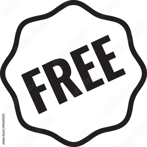 A black and white graphic illustration of a FREE badge or sticker on a plain white background, symbolizing something that is free or complimentary.
