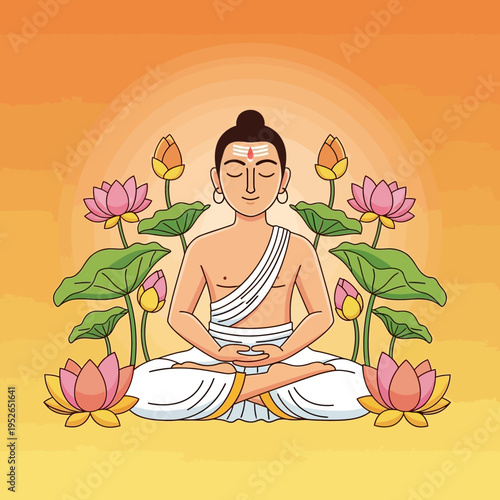 Buddha meditating in lotus position surrounded by lotus flowers, serene spiritual enlightenment