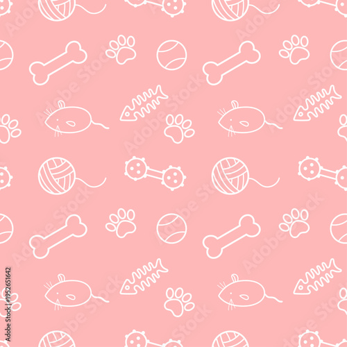 Cute seamless pattern with pet toys and elements. Doodle style background with bones, paw prints, balls and fish skeletons. Perfect for pet shop, textile, wrapping paper and kids design.