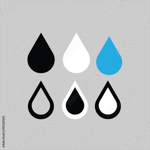 Three colored drops and three outlines on a gray background