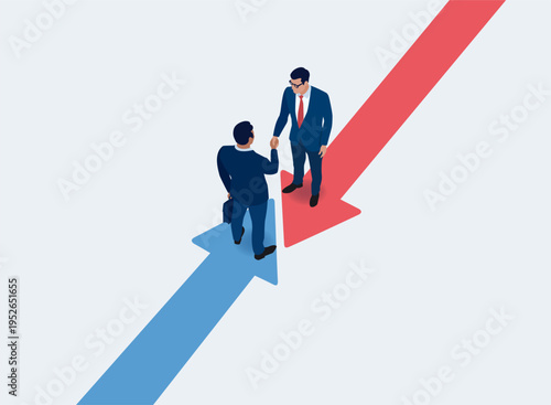 Agreement. Collaboration. Businessmen shaking hands and standing on arrow signs that meet.