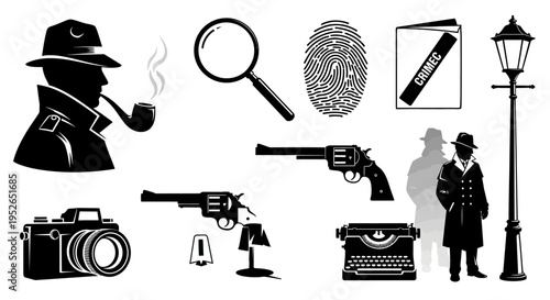 Detective Noir Silhouette Icon Set Mystery Crime Investigator Vector Isolated on White