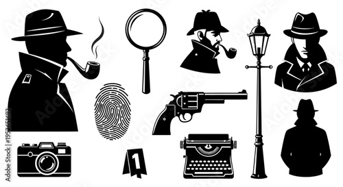 Detective Noir Silhouette Icon Set Mystery Crime Investigator Vector Isolated on White
