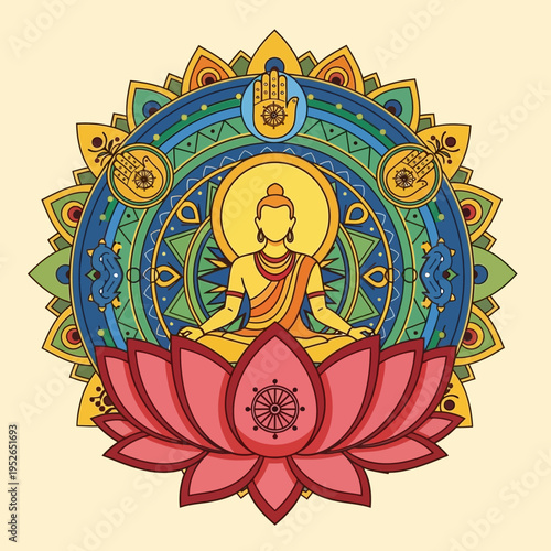 Buddha meditating on lotus flower with colorful mandala, spiritual enlightenment, zen, yoga, peace