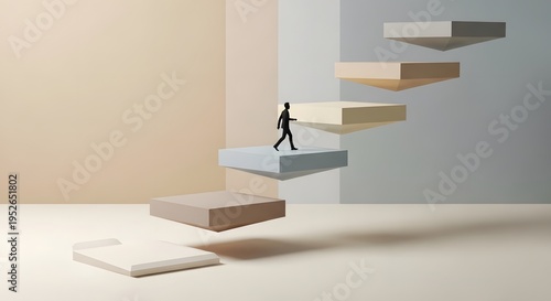 Man walking on floating steps symbolizing career progression and upward mobility in business concept