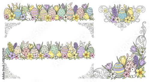 Whimsical easter borders and corner elements featuring decorative painted eggs fluffy bunnies and cheerful chicks nestled among blooming spring flowers like tulips and daffodils