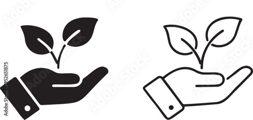 Set of 2 hand holding plant sprout icons vector, featuring solid black and outline versions, symbolizing growth, nature, and environmental care for web and print designs.