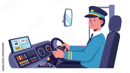 Bus Driver at the Wheel: Illustration of a focused bus driver confidently navigating the vehicle, with the bus interior as the background. 