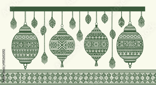 Decorative ethnic patterned hanging lanterns and ornate border elements in a repeating seamless design evoking a festive and cultural celebration atmosphere with intricate
