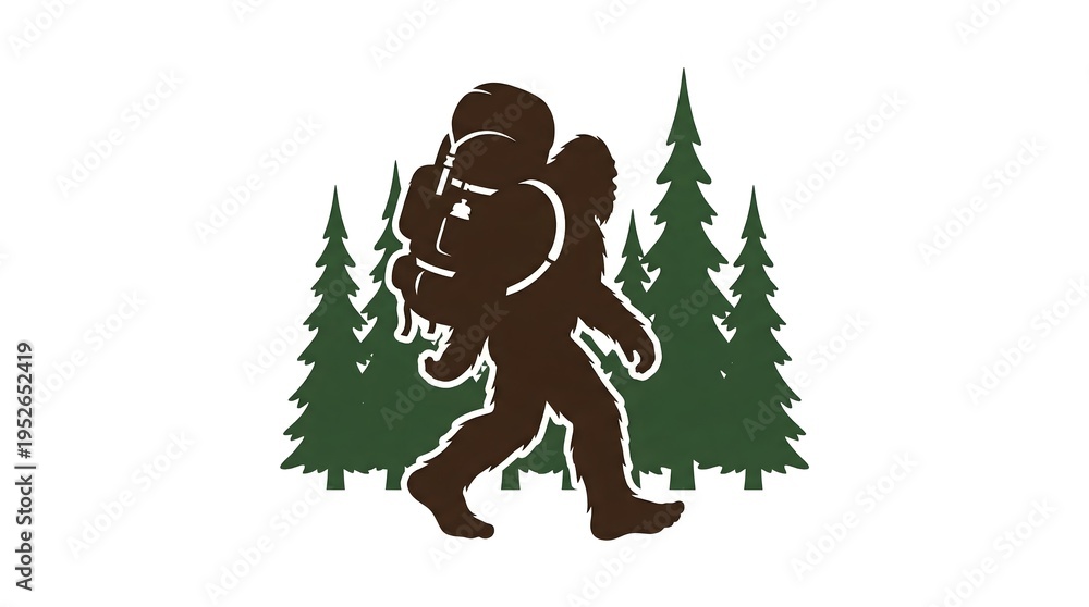 custom made wallpaper toronto digitalBigfoot hiking with a large backpack in front of pine trees, Sasquatch wilderness trekking silhouette isolated on white background
