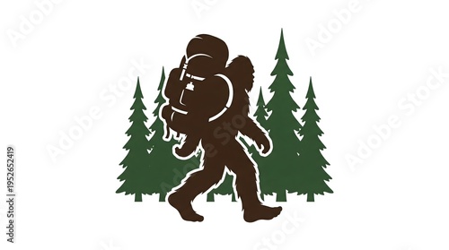 Wallpaper Mural Bigfoot hiking with a large backpack in front of pine trees, Sasquatch wilderness trekking silhouette isolated on white background
 Torontodigital.ca