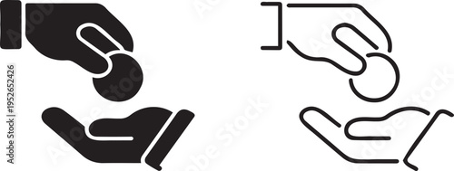 Set of 2 Giving and Receiving Money Icons Vector: Black Solid and Outline Hand with Coin for Donation, Charity, Payment, or Financial Exchange Concepts