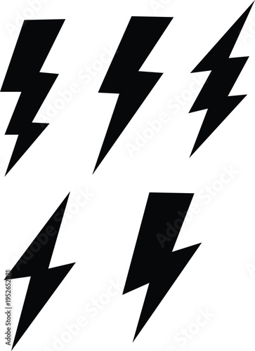 Black lightning bolts isolated on a stark white background