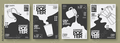 Coffee concept design. Outline posters set of coffee cup, paper cup, milk pitcher, coffeemaker. Spilling coffee and milk. Modern minimalist illustration for wall art, cafe menu, decoration, coffeeshop