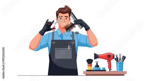 Hair Stylist at Work: A skilled hair stylist, with focus and expertise, is holding the tools of his trade, setting up to work in the salon. 