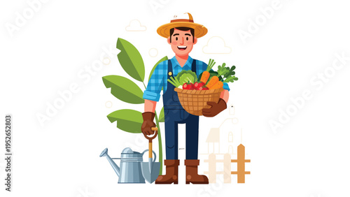 Gardener and Fresh Produce: A smiling gardener, adorned in a straw hat and practical workwear, proudly presents a basket brimming with fresh, vibrant vegetables.