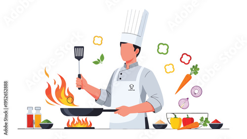Culinary Art: An illustration captures the artistry of cooking. A skilled chef prepares a delightful dish, surrounded by fresh ingredients and flames.