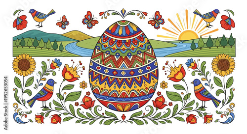 Vibrant folk art easter egg illustration with whimsical birds sunflowers and rolling hills landscape background celebrating spring and traditional holiday festivities