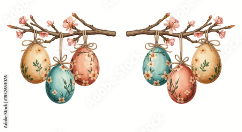 Whimsical easter eggs adorned with floral patterns and delicate bows hang from blooming branches symbolizing spring renewal and festive celebration set against a clean white